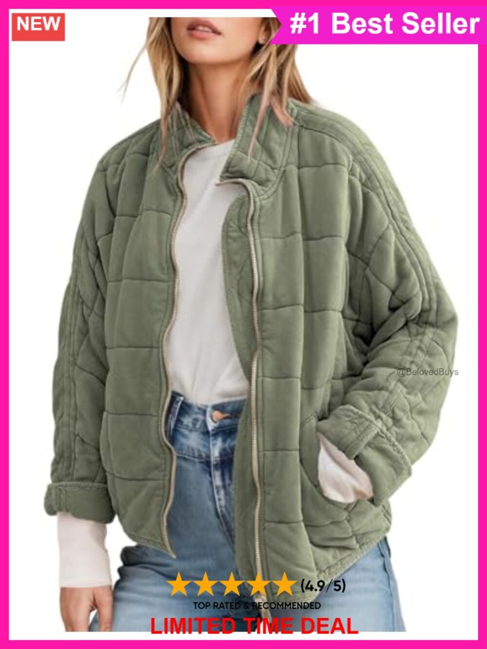 Womens Quilted Suede Full-Zip Jacket Coat Winter Outerwear Oversized